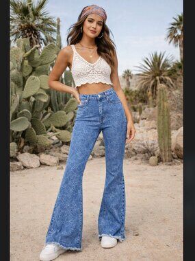 Forever 21 Floral Flare Jean 31 High Rise Bell Bottom Boho Retro Fringe Festival